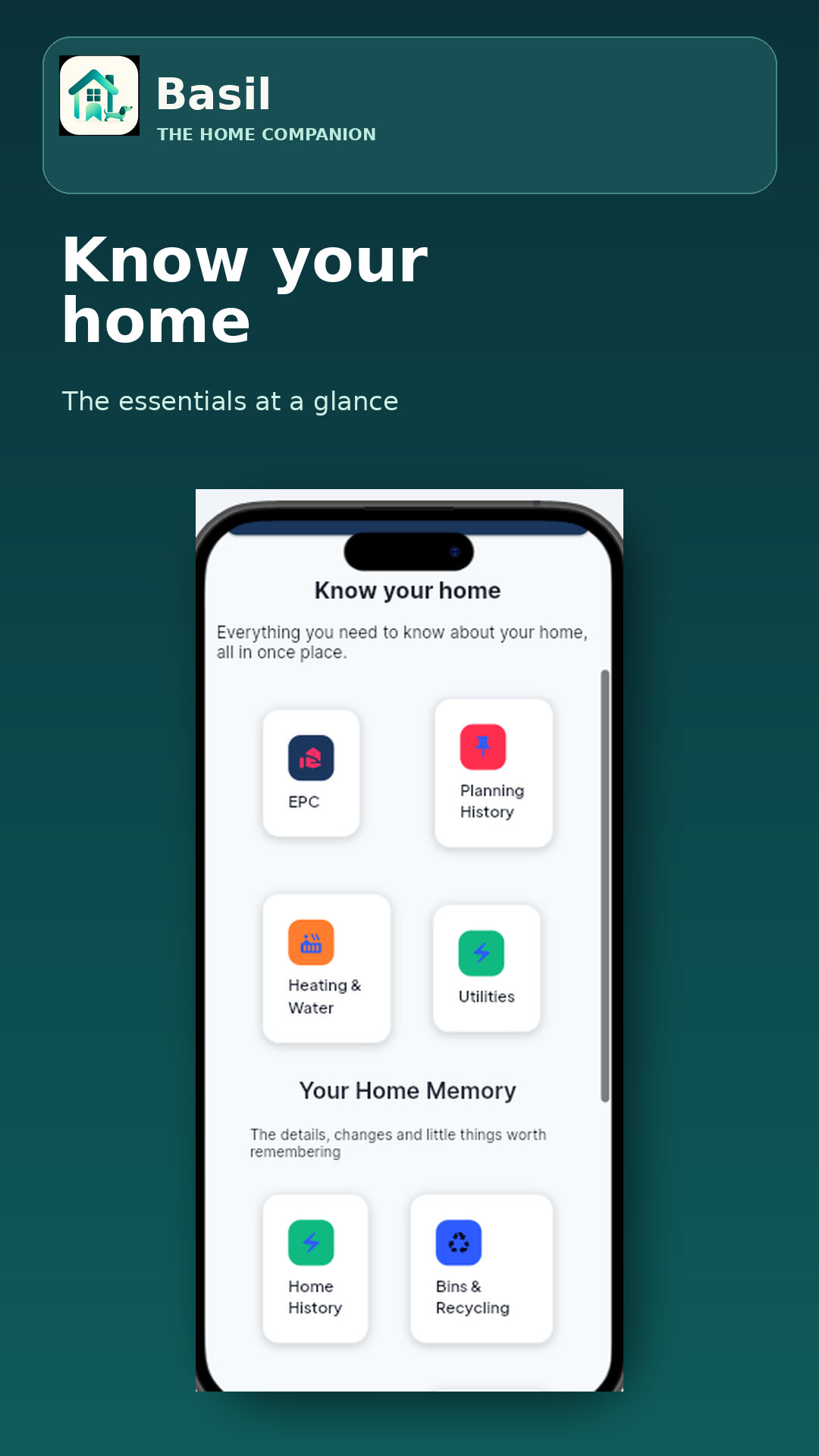 A genuine Basil app screen showing EPC, Planning History, Heating and Water, Utilities, Home History and Bins and Recycling.